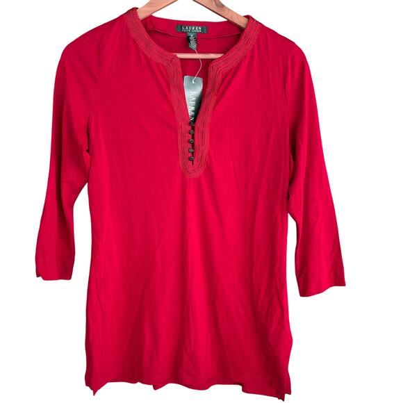 Ralph Lauren Tunic Blouse M Red NWT Embroidered Academia Prep - Picture 1 of 5
